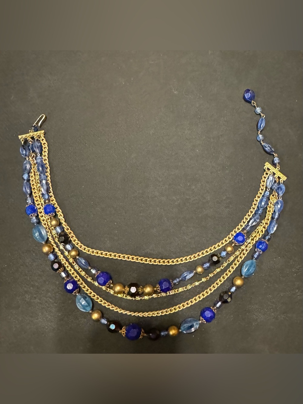 Vintage WGermany Gold Tone Multi Chain Blue Rhinestones & Beads Link Necklace